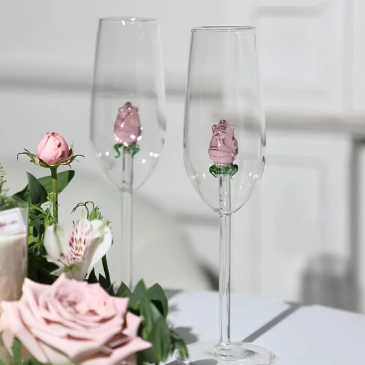 3D Pink Glass Rose Champagne Glass