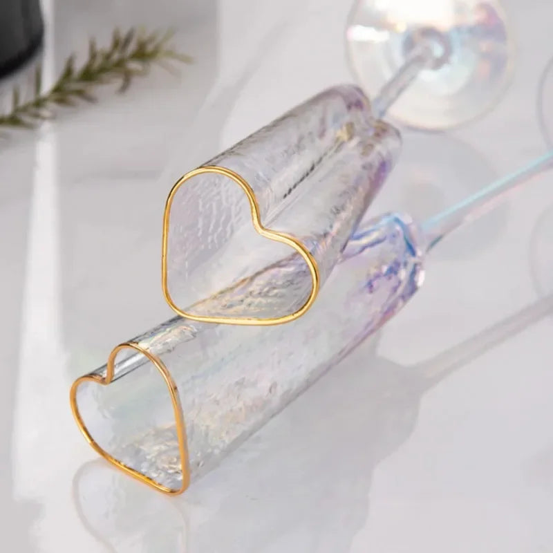 Gold Rimmed Heart-Shaped Iridescent Chrome Champagne Glass