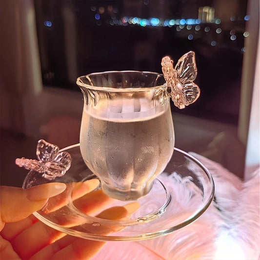 Elegant Borosilicate Pink Butterfly Teacup with Matching Saucer
