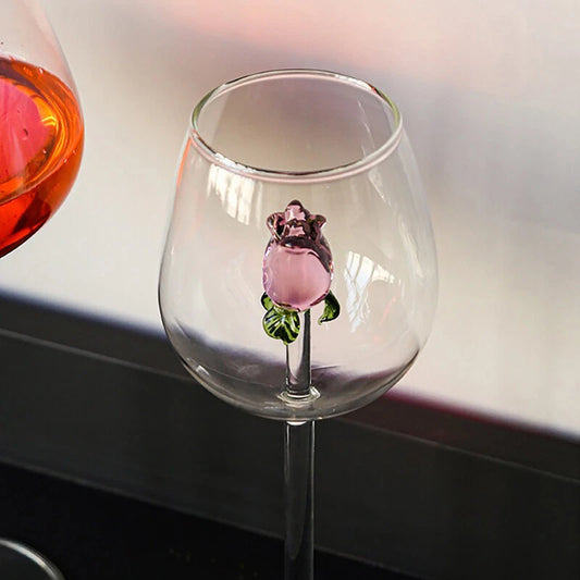 3D Pink Glass Rose White Wine Glass