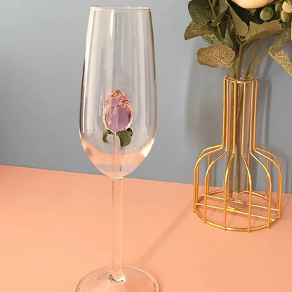 3D Pink Glass Rose Champagne Glass