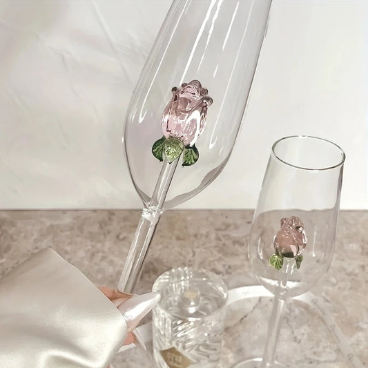 3D Pink Glass Rose Champagne Glass