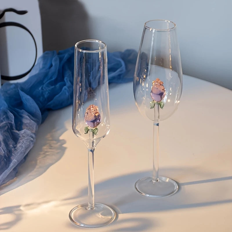 3D Pink Glass Rose Champagne Glass