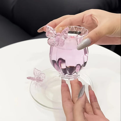 Elegant Borosilicate Pink Butterfly Teacup with Matching Saucer