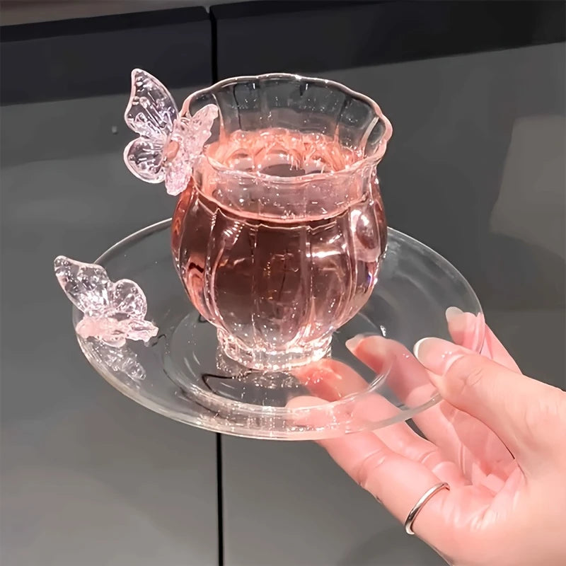 Elegant Borosilicate Pink Butterfly Teacup with Matching Saucer