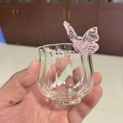 Elegant Borosilicate Pink Butterfly Teacup with Matching Saucer