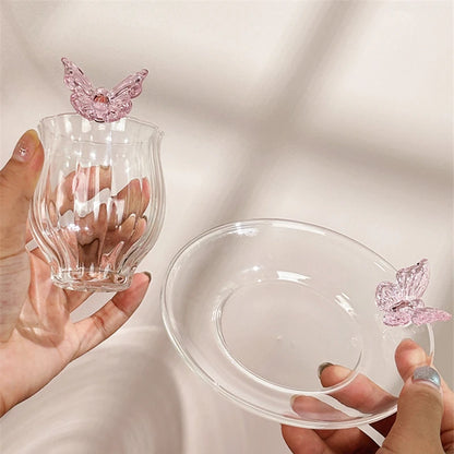 Elegant Borosilicate Pink Butterfly Teacup with Matching Saucer