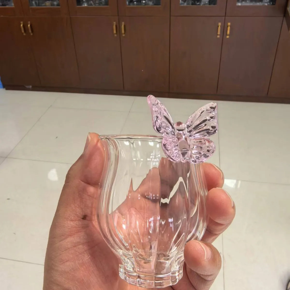 Elegant Borosilicate Pink Butterfly Teacup with Matching Saucer