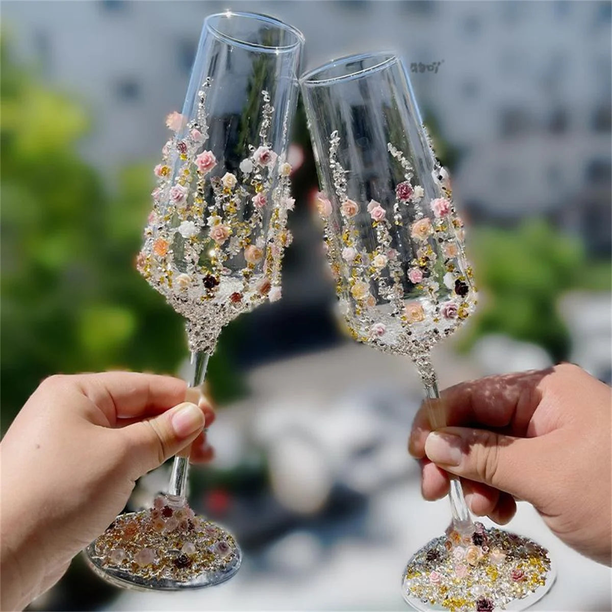 Floral Crystal Decorated Champagne Glass
