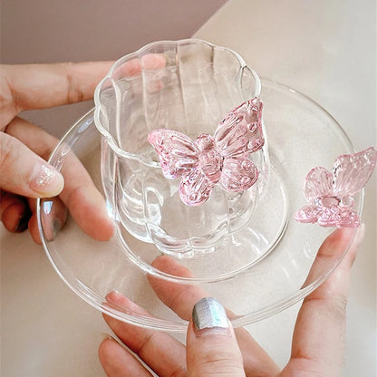 Elegant Borosilicate Pink Butterfly Teacup with Matching Saucer