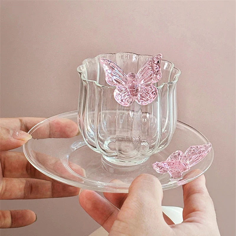 Elegant Borosilicate Pink Butterfly Teacup with Matching Saucer