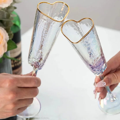 Gold Rimmed Heart-Shaped Iridescent Chrome Champagne Glass