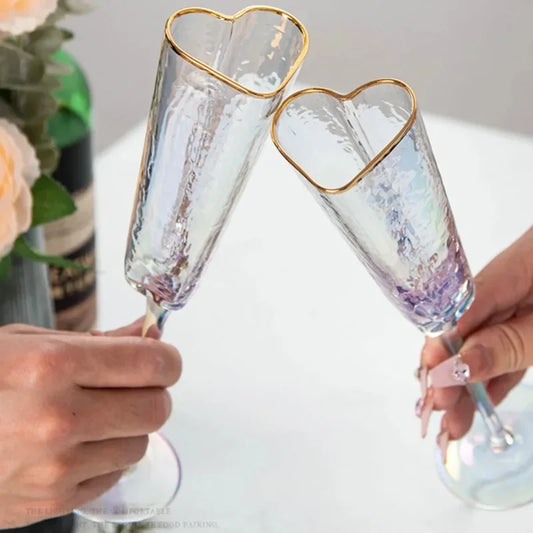Gold Rimmed Heart-Shaped Iridescent Chrome Champagne Glass