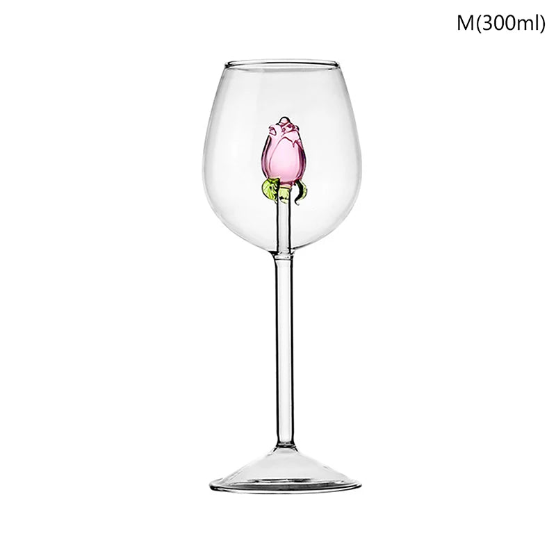 3D Pink Glass Rose White Wine Glass