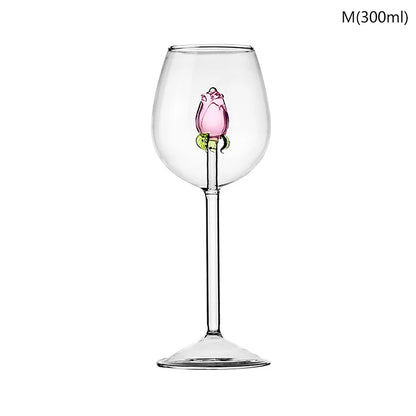 3D Pink Glass Rose White Wine Glass