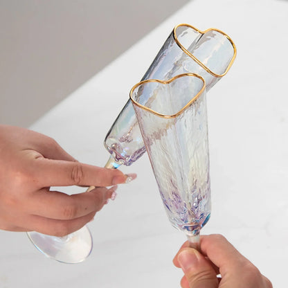 Gold Rimmed Heart-Shaped Iridescent Chrome Champagne Glass