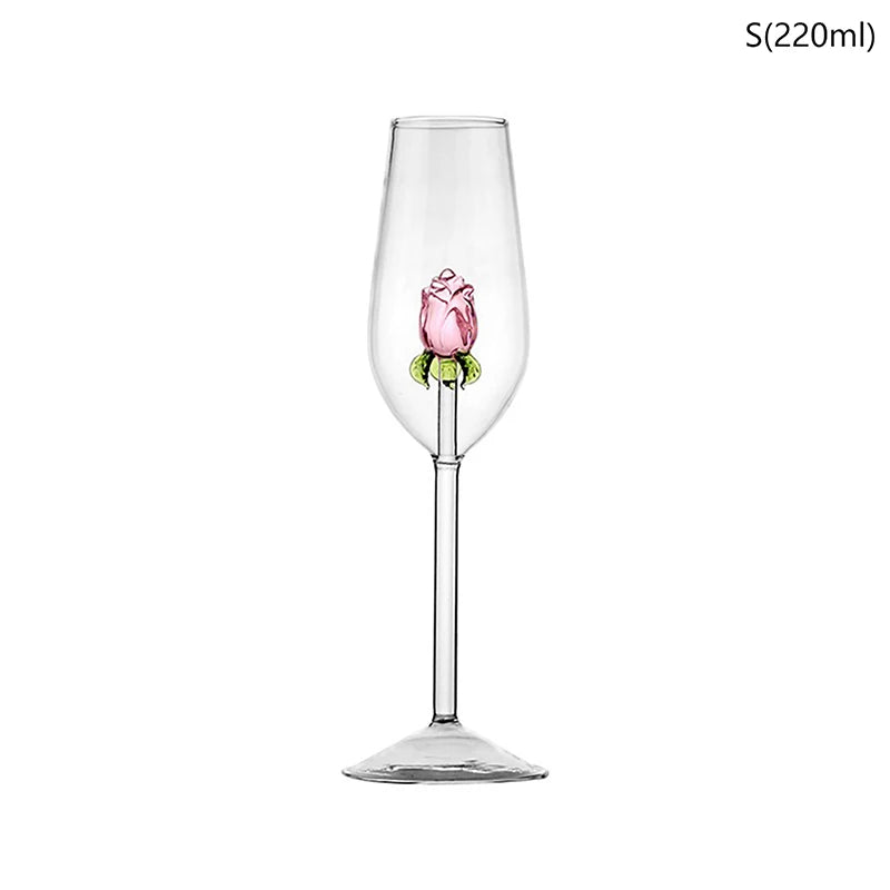 3D Pink Glass Rose Champagne Glass