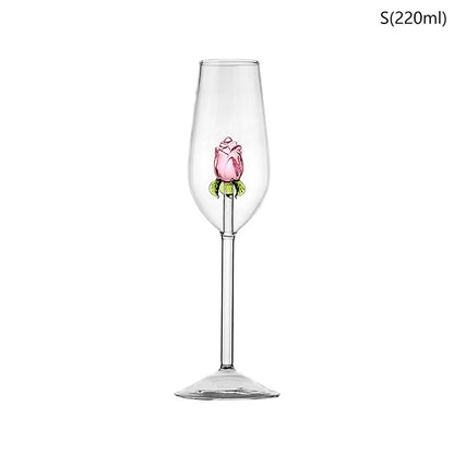 3D Pink Glass Rose Champagne Glass