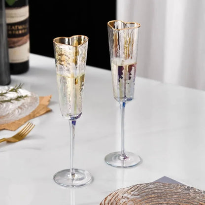 Gold Rimmed Heart-Shaped Iridescent Chrome Champagne Glass