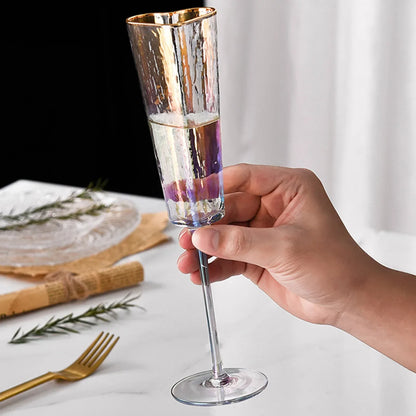Gold Rimmed Heart-Shaped Iridescent Chrome Champagne Glass