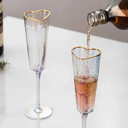 Gold Rimmed Heart-Shaped Iridescent Chrome Champagne Glass