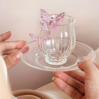 Elegant Borosilicate Pink Butterfly Teacup with Matching Saucer