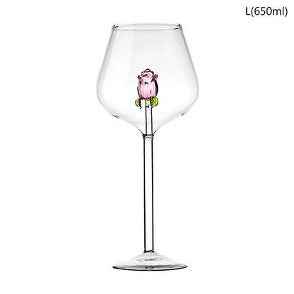 3D Pink Glass Rose Red Wine Glass