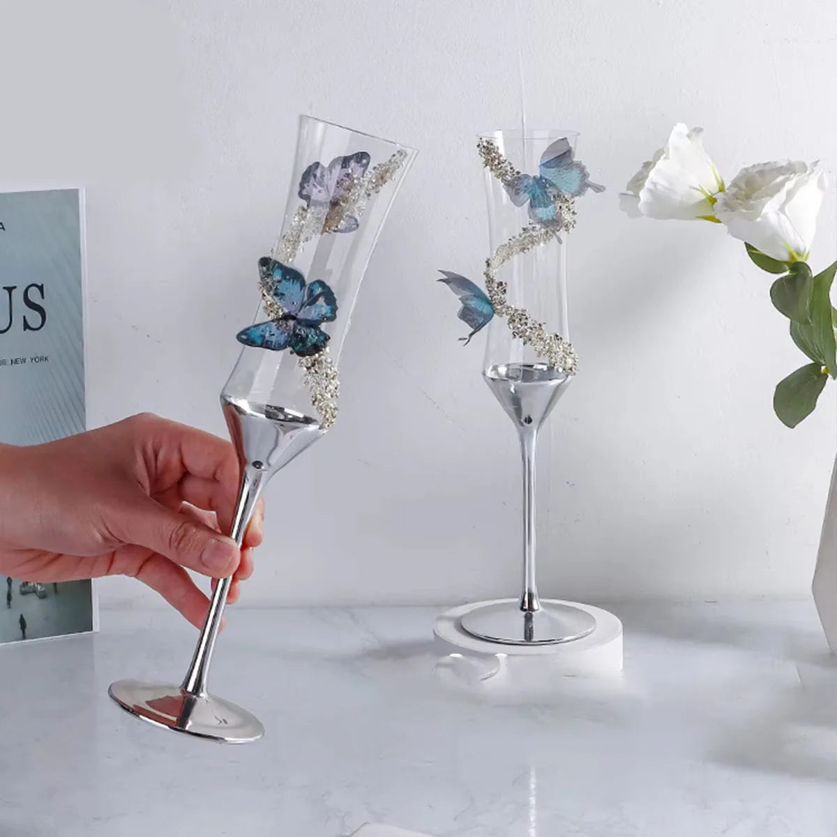Butterfly Crystal Metal Base Champagne Glass