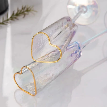 Gold Rimmed Heart-Shaped Iridescent Chrome Champagne Glass