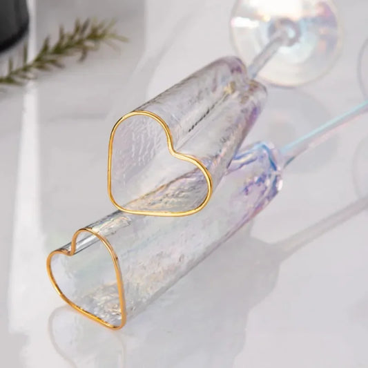 Gold Rimmed Heart-Shaped Iridescent Chrome Champagne Glass