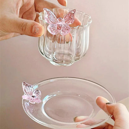 Elegant Borosilicate Pink Butterfly Teacup with Matching Saucer