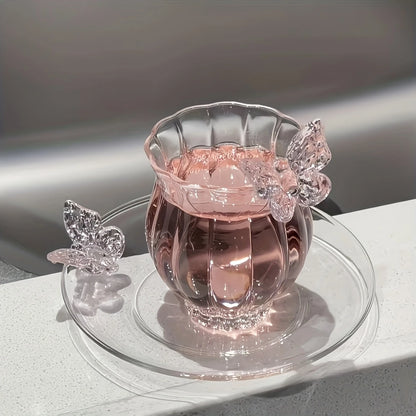 Elegant Borosilicate Pink Butterfly Teacup with Matching Saucer