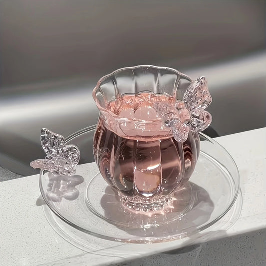 Elegant Borosilicate Pink Butterfly Teacup with Matching Saucer
