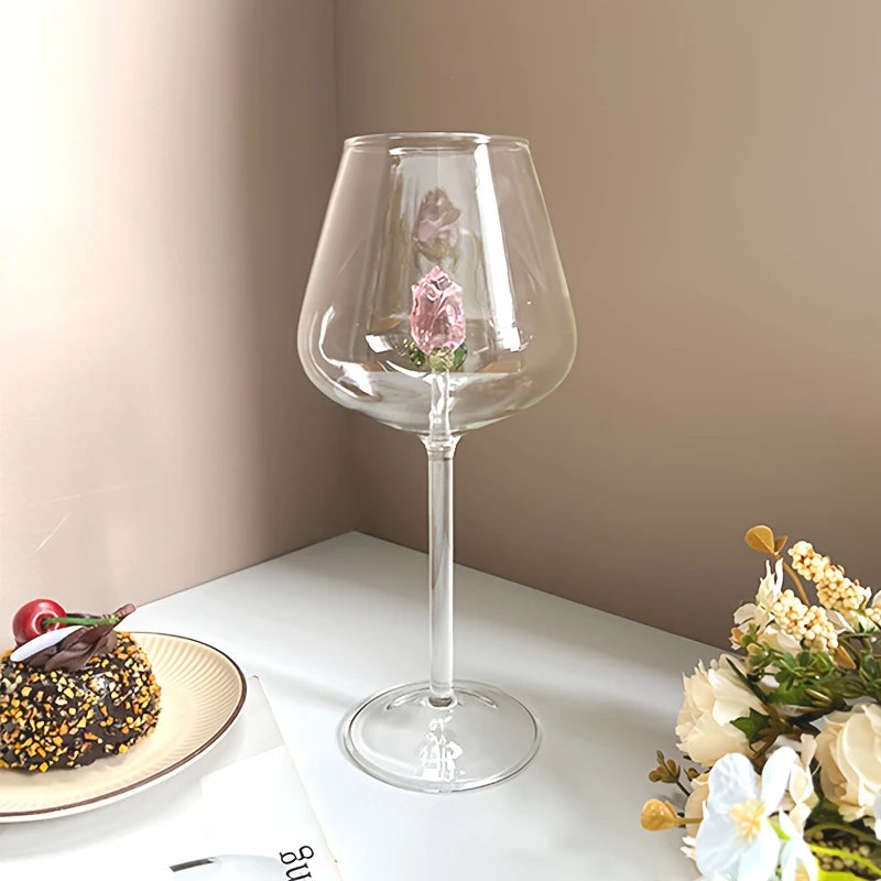 3D Pink Glass Rose Red Wine Glass