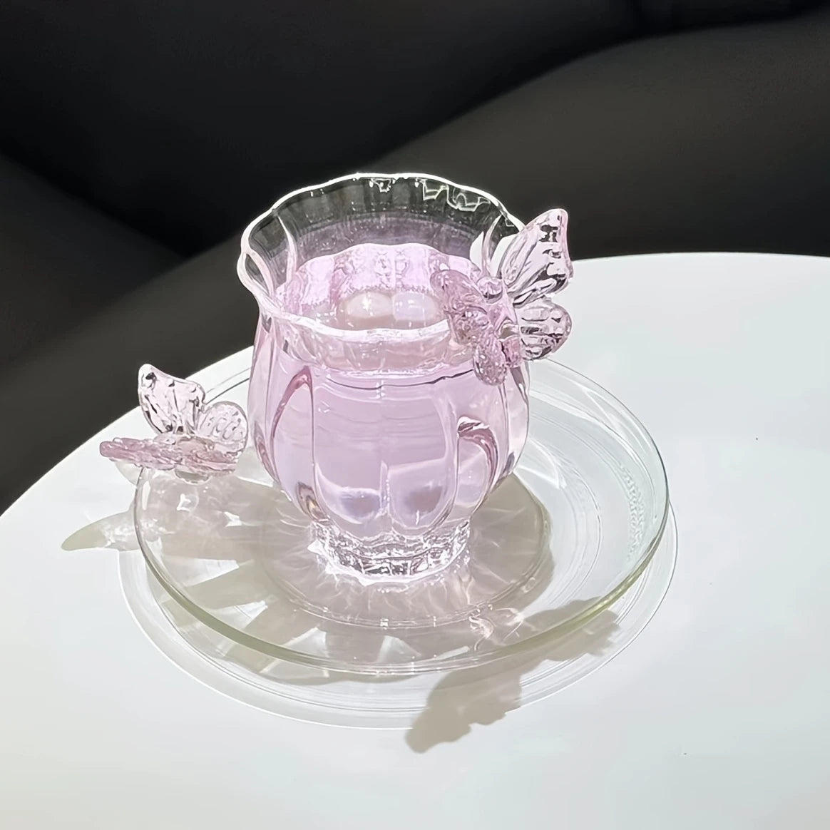Elegant Borosilicate Pink Butterfly Teacup with Matching Saucer