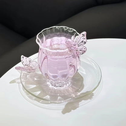 Elegant Borosilicate Pink Butterfly Teacup with Matching Saucer