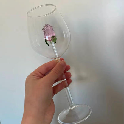 3D Pink Glass Rose White Wine Glass