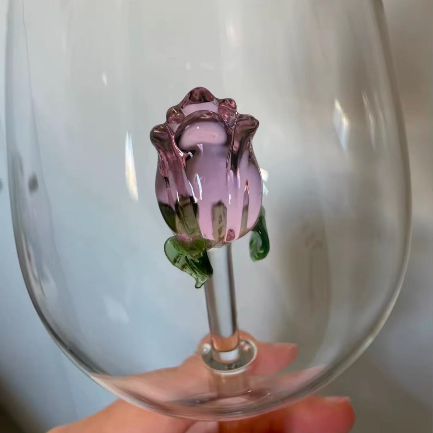 3D Pink Glass Rose White Wine Glass